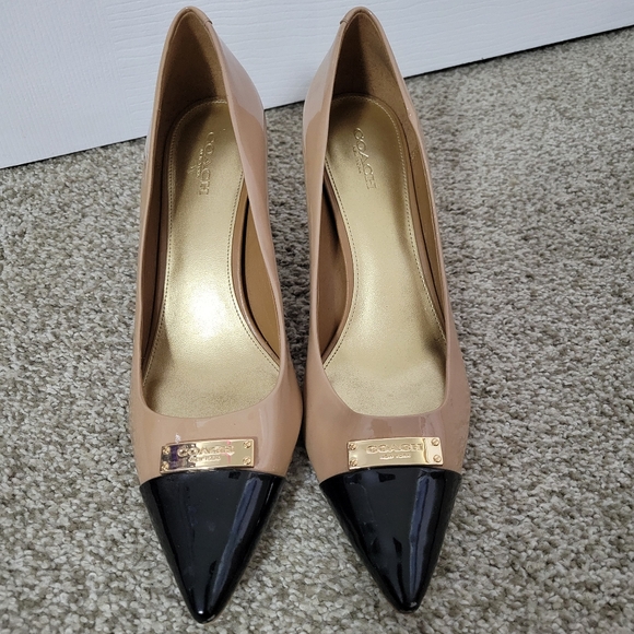 Coach Beige Black Pointed Toe Heels, Size 9.5 B - Picture 1 of 5